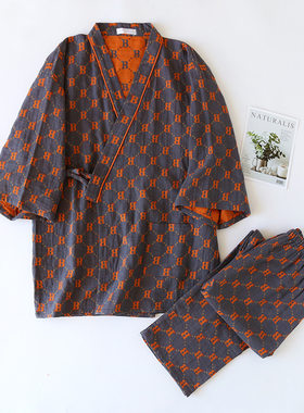 色织提花和服睡衣套装情侣九分袖长裤男女汉服家居汗蒸温泉两件套