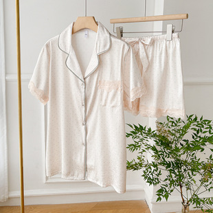 睡衣女夏季冰丝短袖短裤夏款家居服套装夏天性感蕾丝高级感家居服