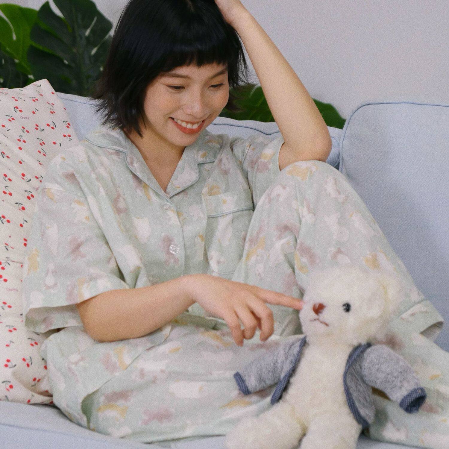 高支双层棉纱短袖睡衣女纯棉长短裤薄款全棉春夏季a类家居服套装