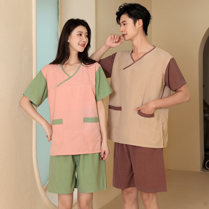 新款汗蒸服女苎麻刺绣领情侣款大码男款洗浴按摩足疗采耳家居睡衣