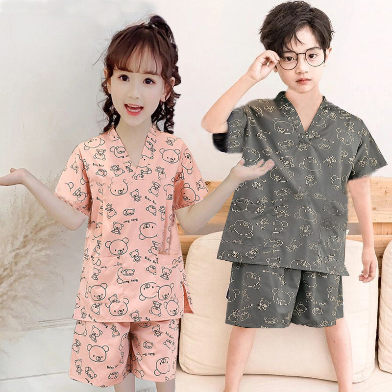 芈竹棉质汗蒸服男童女童可爱套装4-10岁儿童桑拿服浴衣家居睡外贸