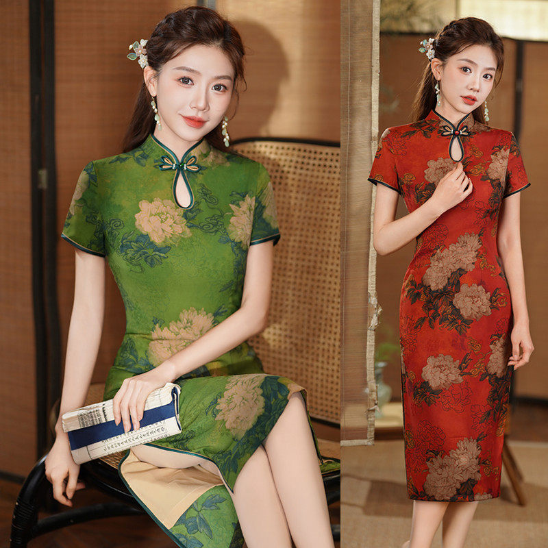 提花旗袍中长款2026年新款夏款小个子花色双层日常可穿素雅年轻款