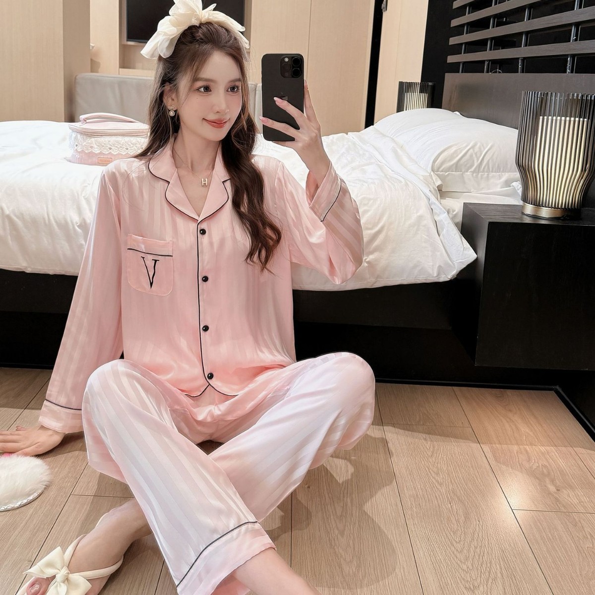 睡衣女士春秋款冰丝长袖直条提花家居服夏季薄款空调服套装秋外贸