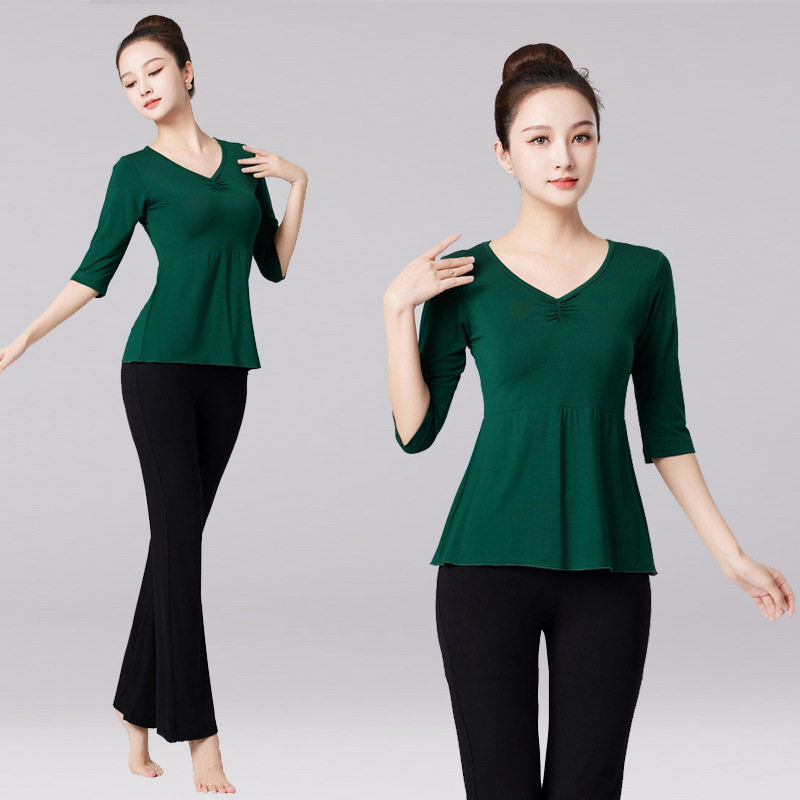 墨绿宽松舞蹈服新款莫代尔V领基训服现代舞练功服拉丁舞服瑜伽表