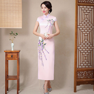 粉色双层长款旗袍2026新款女中国风走秀款演出服装连衣裙礼服妈妈