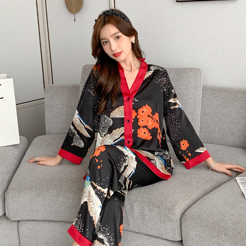 跨境睡衣女春夏季性感冰丝套装和服领外贸大码春秋薄款长袖家居服