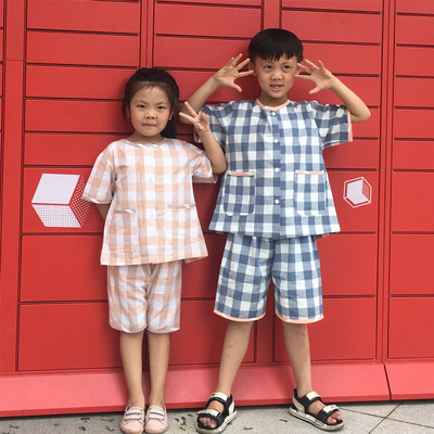 儿童小孩格子棉麻艾灸服