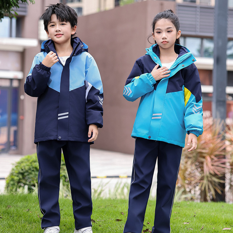 春秋冬季儿童外套冲锋衣幼儿园三合一园服小学生校服加绒蓝色套装