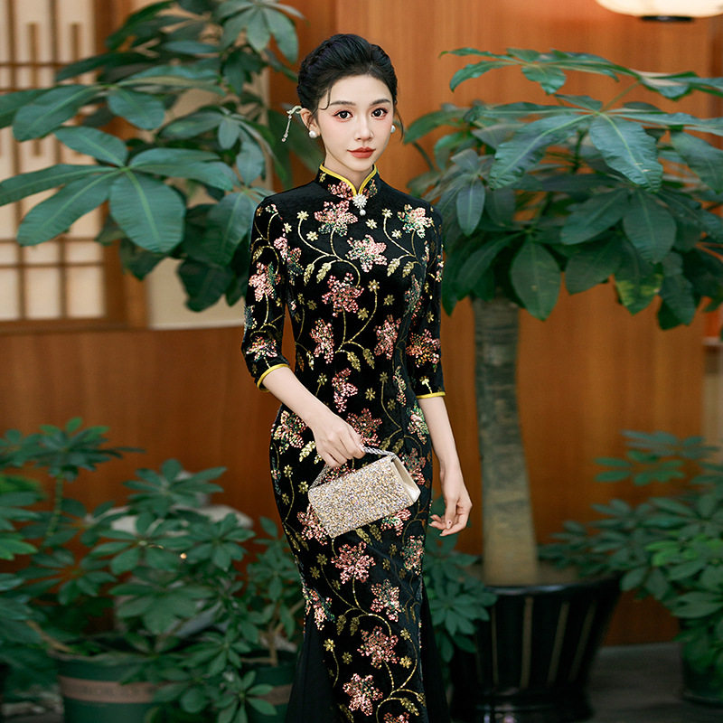 2026新款旗袍高端大气上档次舞台走秀演出服合唱团亮片黑色鱼尾裙