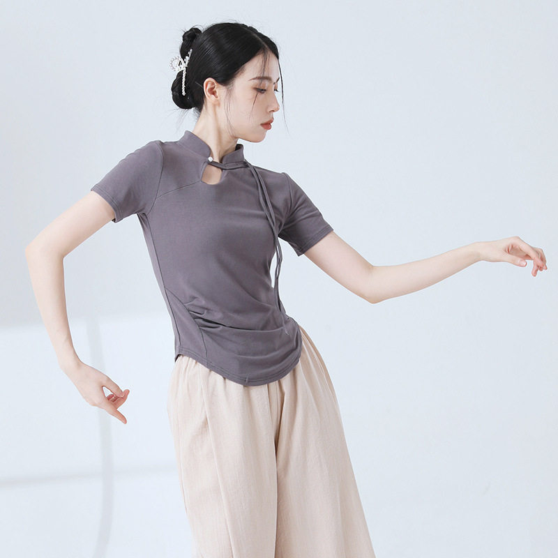 现代舞斜襟盘扣立领改良复古中国风旗袍领禅意短袖上衣舞蹈练功服