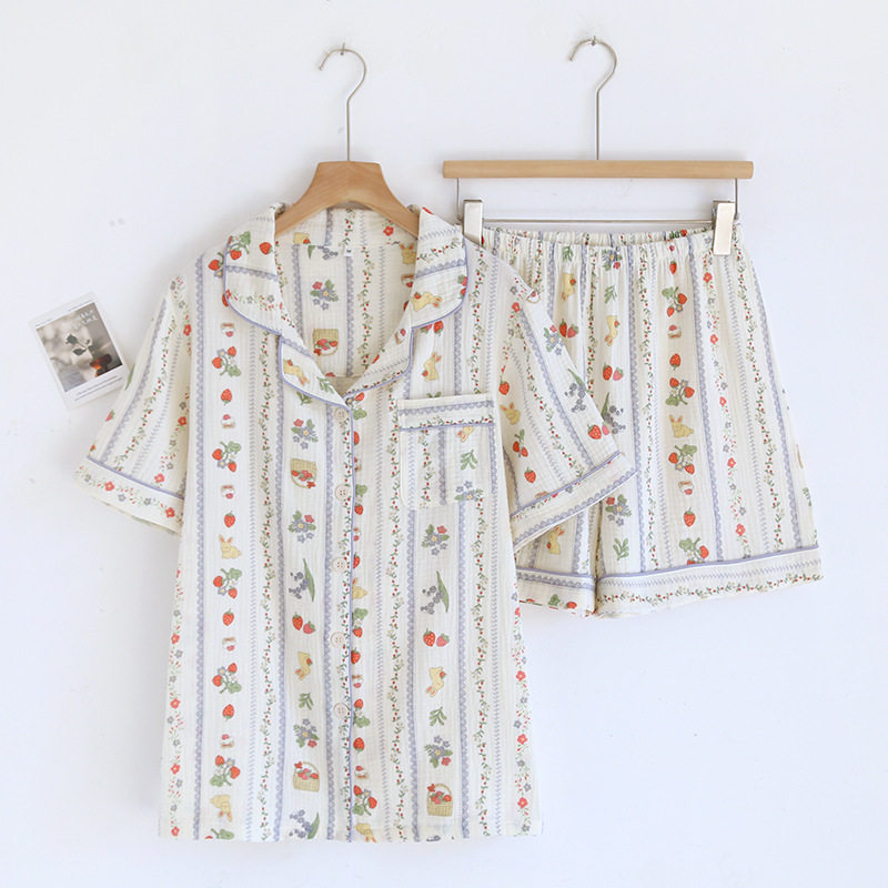 新款夏款清新甜美卡通纯棉绉布套睡衣女简约短袖短裤家居服套装