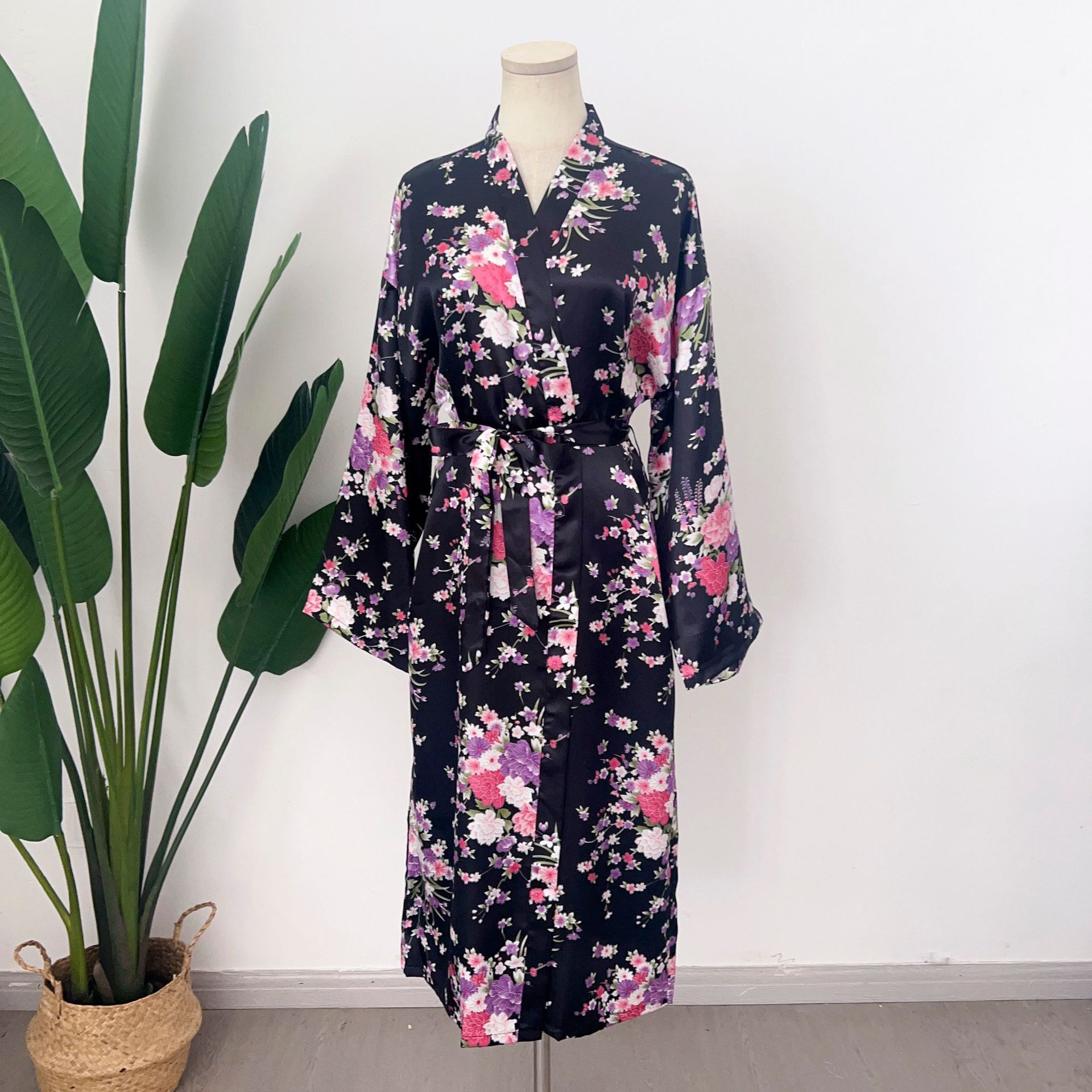 加长款睡袍衣小印花睡衣日式长和服浴袍开衫春秋薄款女家居服舒适