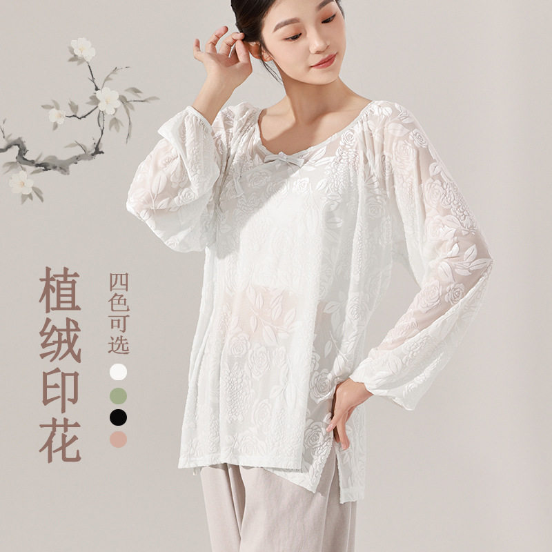 现代舞蹈服女成人古典宽松跳舞衬衫飘逸印花盘扣网纱长袖上衣服装