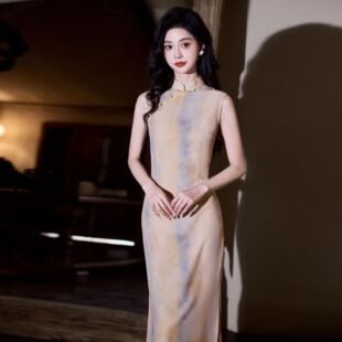 2026春夏旗袍新款无袖旗袍旗忆阁新中式国风礼服女黄色晕染连衣裙