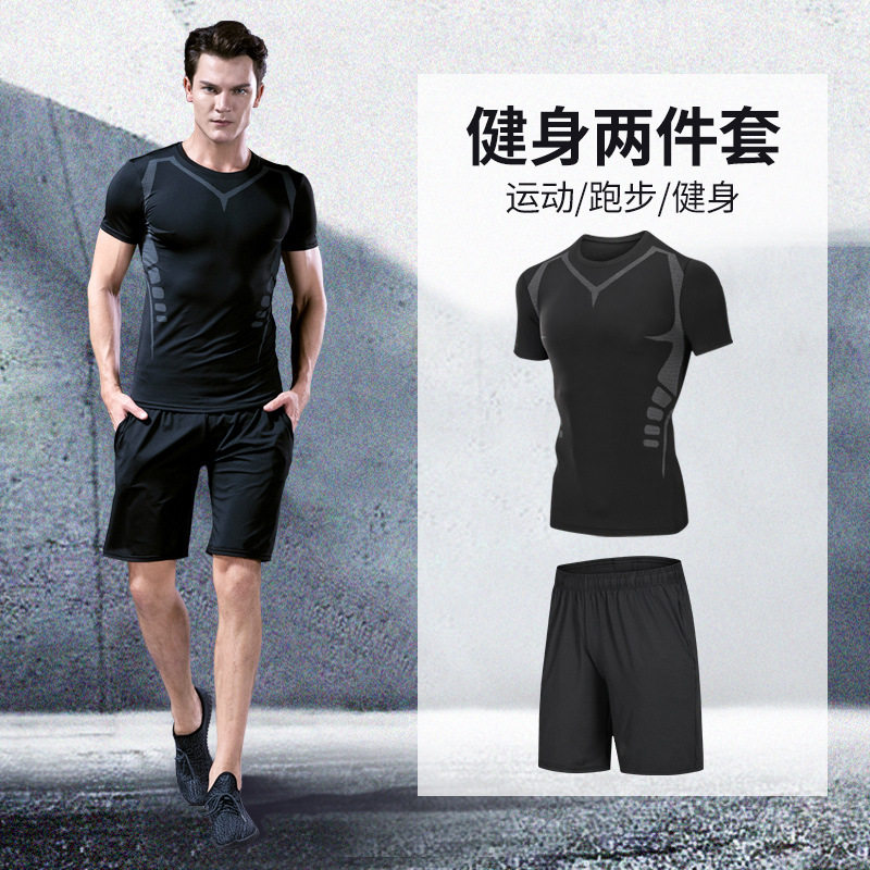 健身房运动弹力健身服男士速干紧身衣跑步男式套装训练健身衣跨境