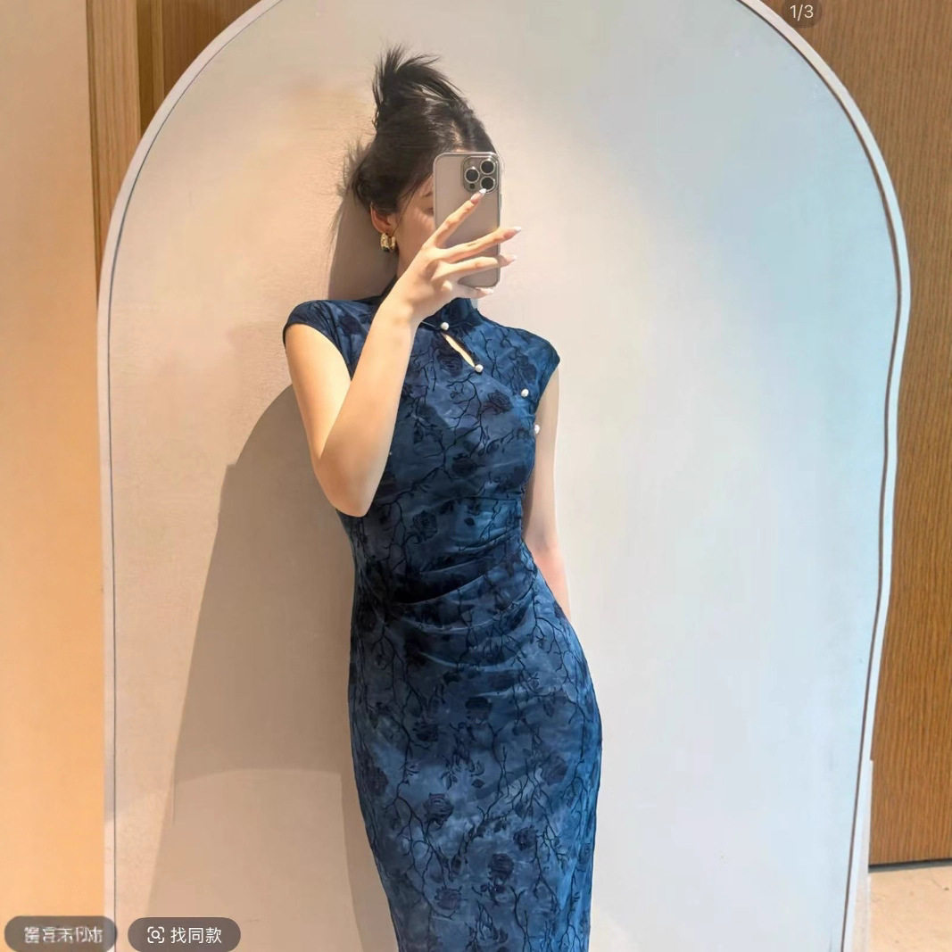蓝色旗袍女新中式改良连衣裙夏大码有弹显瘦日常上班可穿2025新款