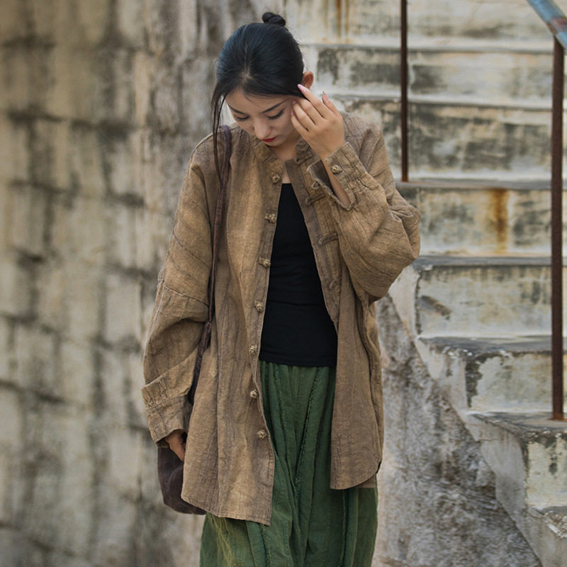 春夏棉麻女装新款苎麻扎染做旧砂洗改良禅系茶服旅拍开衫女式跨境