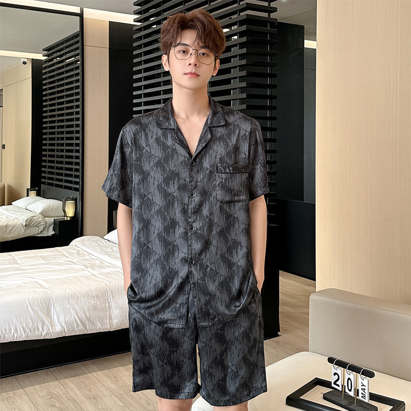 冰丝睡衣男夏季短袖短裤套装提花薄款简约男生休闲高级感家居服夏