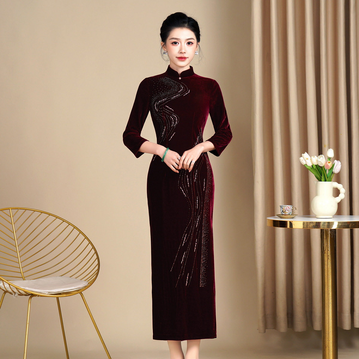 2026秋冬丝绒旗袍修身长款敬酒服中老年喜婆婆礼服女连衣裙礼服