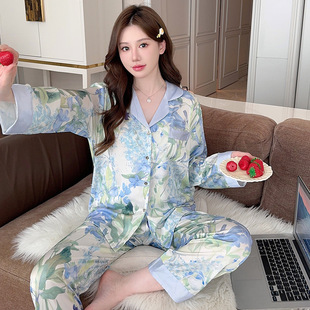 2026早春新款睡衣女冰丝长袖大码印花套装网红款夏季外穿家居服