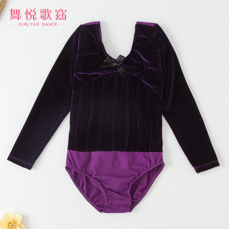 秋冬金丝绒拼棉长袖儿童芭蕾舞蹈练功服民舞舞蹈考级服开档带内衬