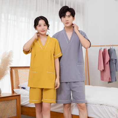 家居服情侣新款皱棉舒适短款套装汗蒸桑拿浴服足疗按摩男女款浴袍