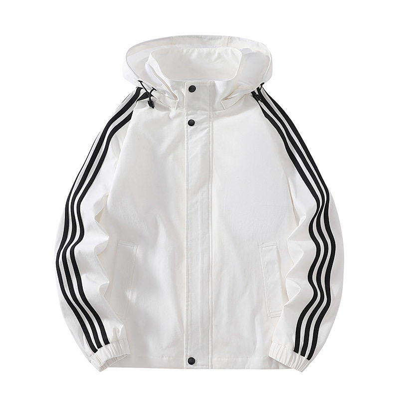 2026春季夹克三条杠男外套潮流休闲男装薄款风衣压标防风连帽海外
