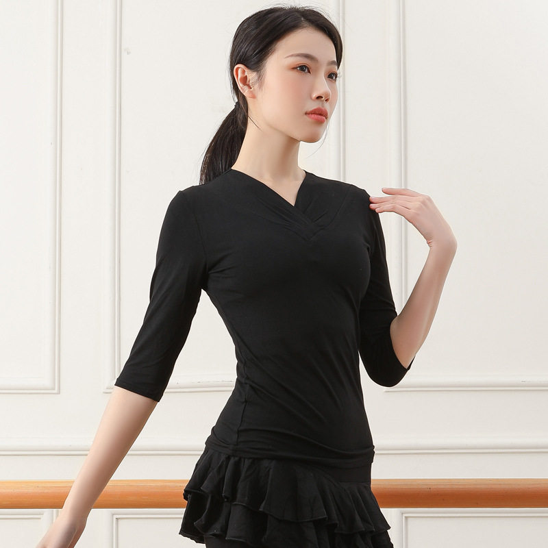 现代舞新款长袖女春秋跳黑色形体舞蹈练功服服训练衣舞v领上衣装