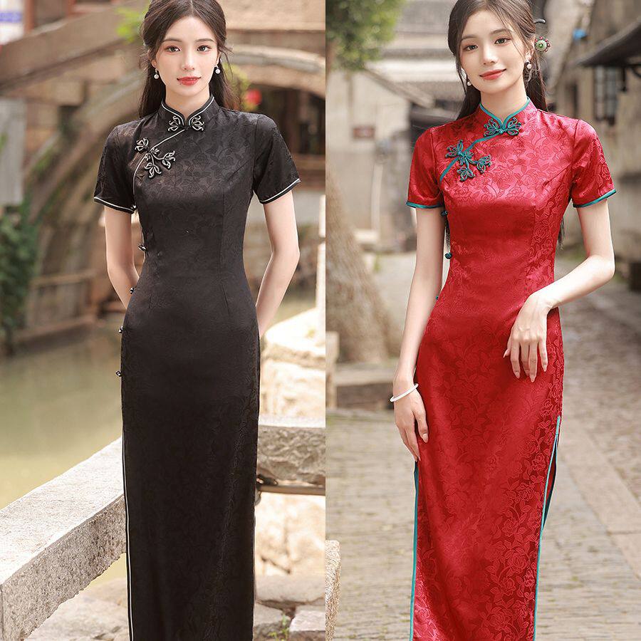 礼服日常温婉优雅淑女范纯色提花旗袍2026年春夏新款改良短袖年轻