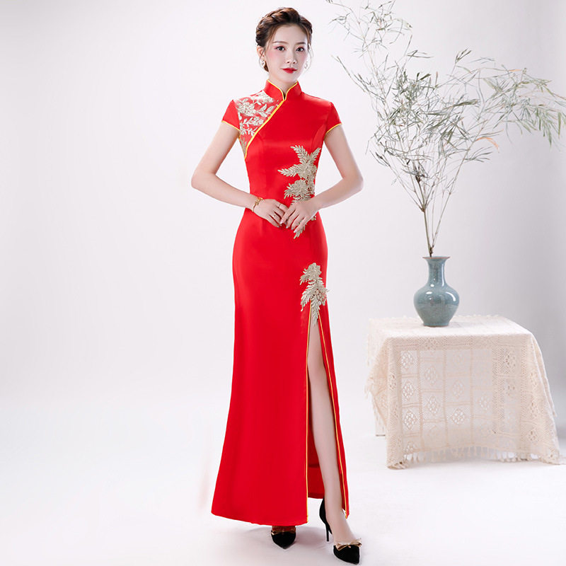 复古旗袍女2026年轻新款改良版加长款修身鱼尾蓝色礼服时尚连衣裙