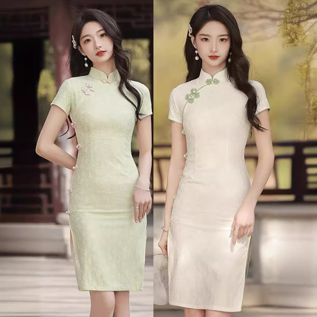 年轻礼服绿色旗袍2026夏季新款年轻款小个子连衣裙新中式复古风