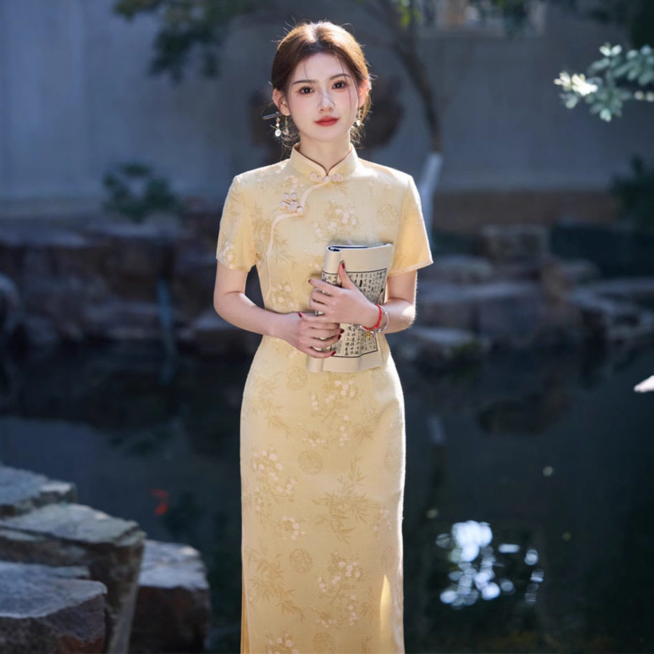 2026夏新款仿竹节麻提花中长款旗袍爆款小个子黄色国风女连衣裙