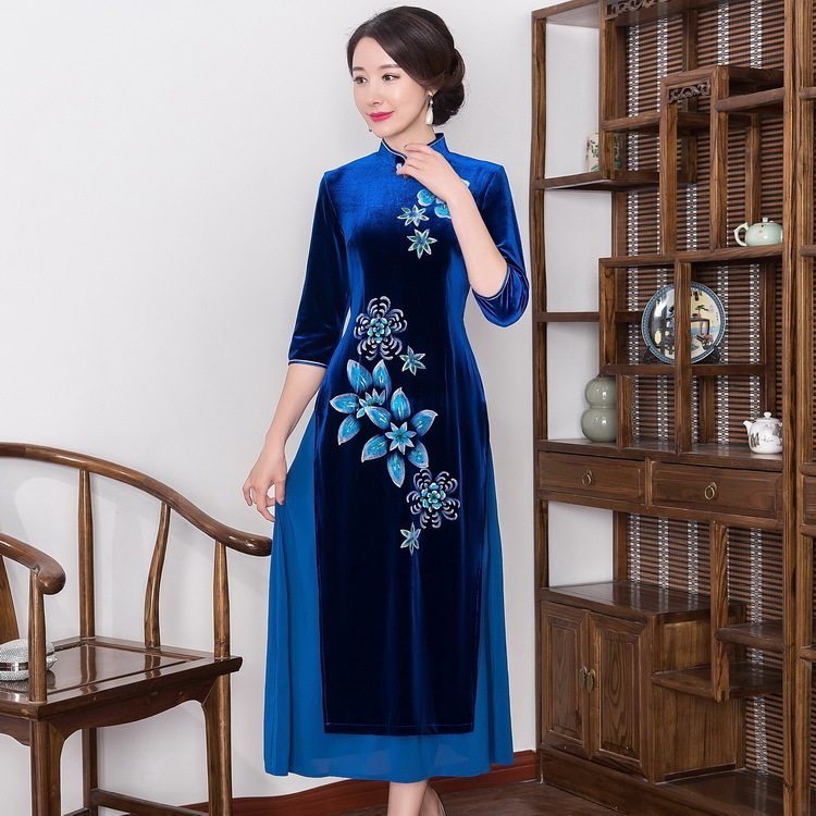 2026春秋冬新款改良越南奥黛丝绒旗袍长款复古修身礼服女装连衣裙