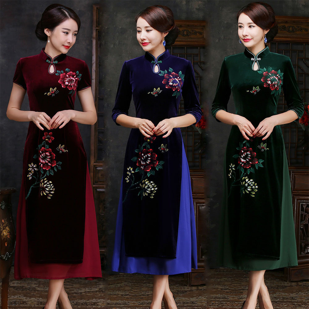 2026春秋季新款越南旗袍奥黛连衣裙改良修身长款丝绒礼服妈妈装