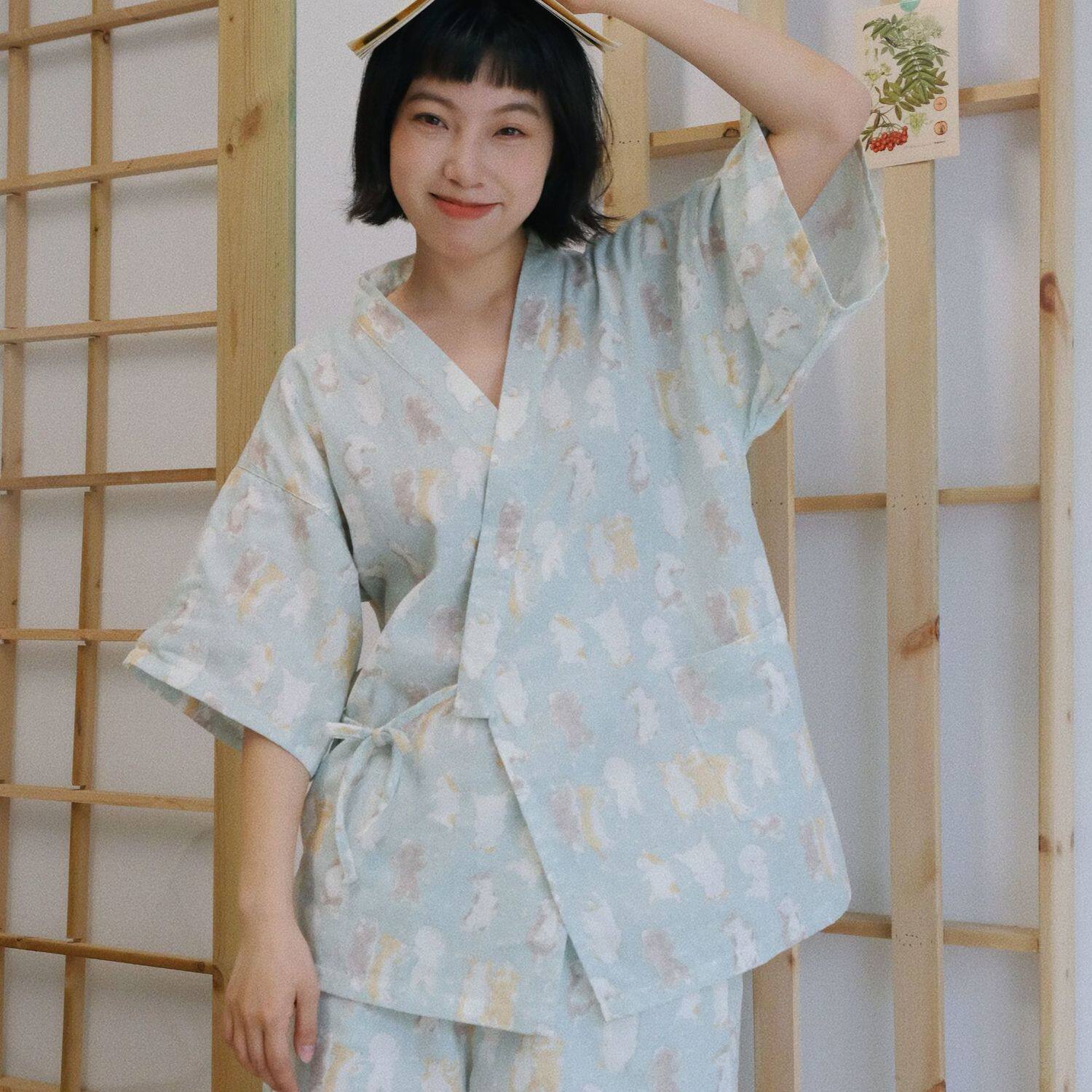 7色双层纱薄款短打浴衣家居服套装少女透气睡衣女夏季短袖短裤
