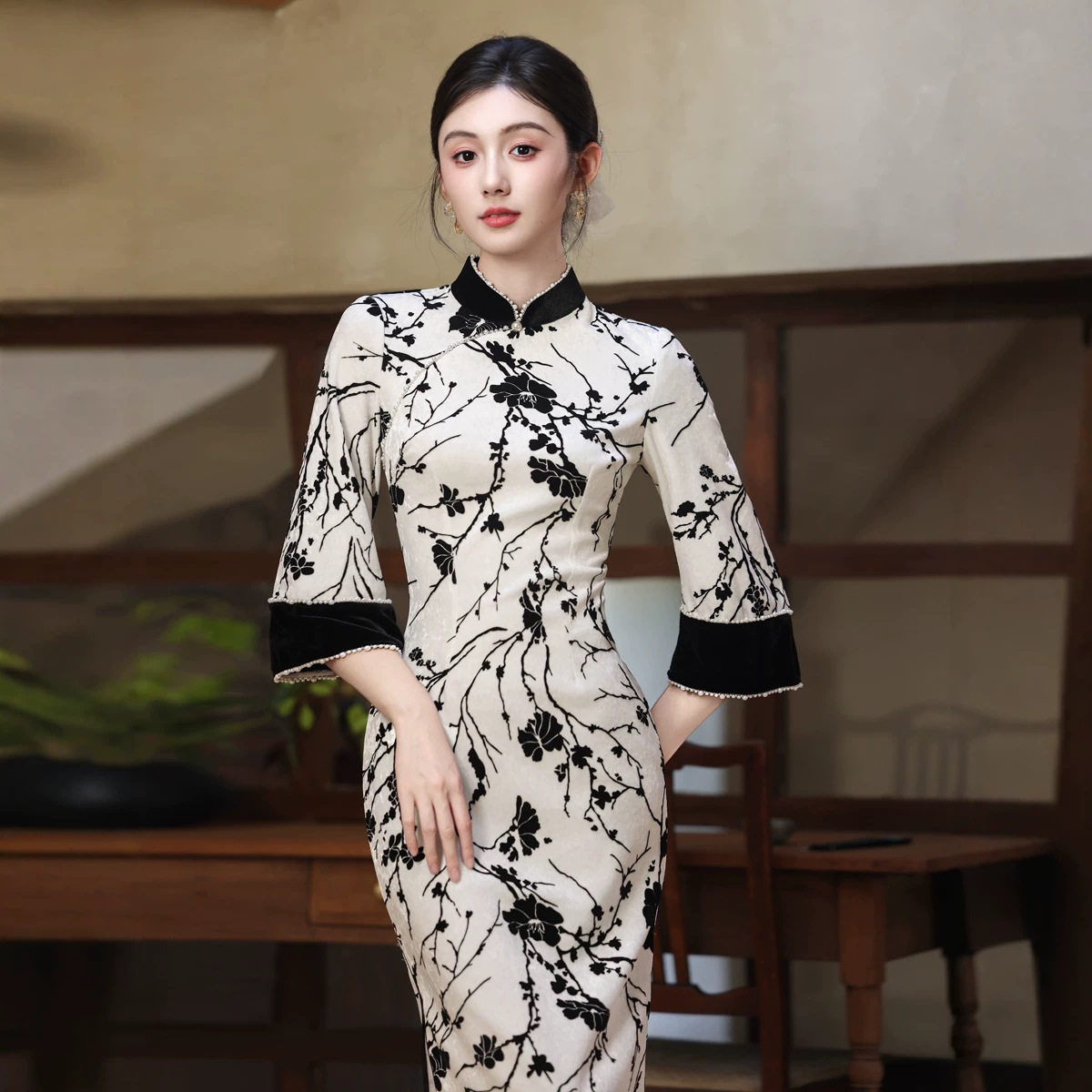 国风水墨花卉改良旗袍女七分袖2026新款收腰修身感中式日常穿