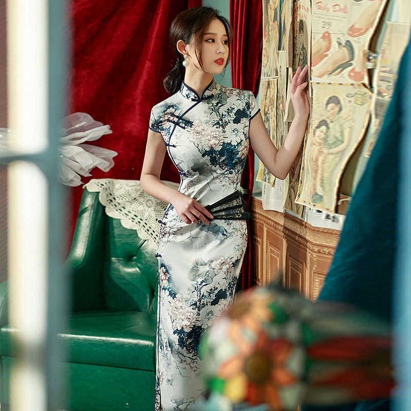 双层八扣短袖长款旗袍2026新款女走秀演出服装连衣裙礼服日常女装