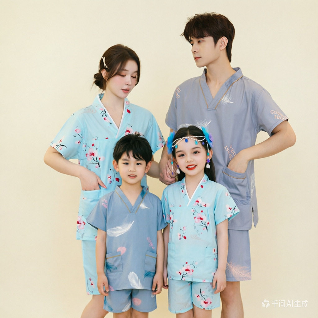 亲子汗蒸服新款棉质家居睡衣男女情侣养生馆理疗服中大童小孩浴衣