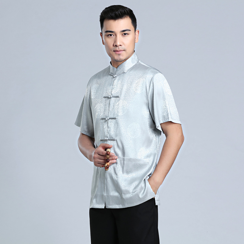 唐装男衬衫套装男士短袖夏季中老年太极服中国风男士晨练汉服