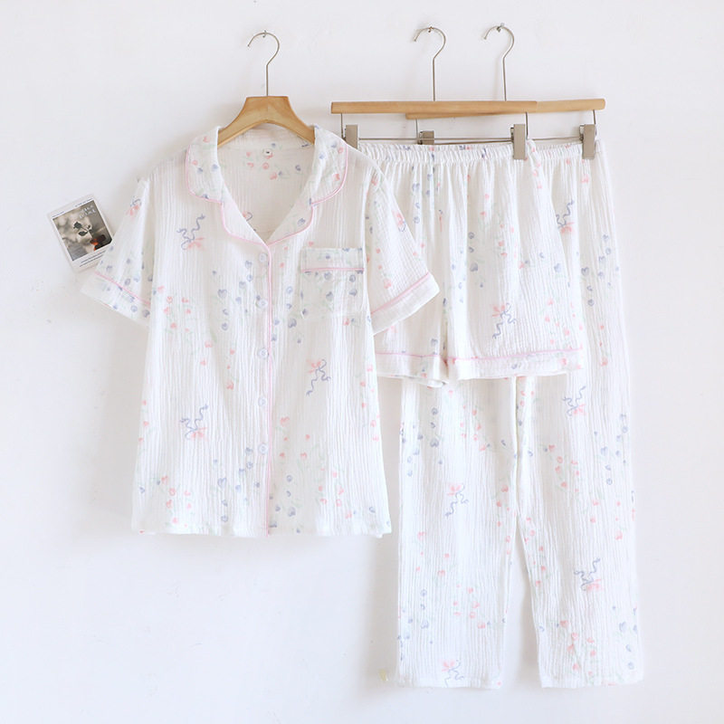 2025夏季薄款短袖长裤三件套空调服云朵棉男女童睡衣夏天家居服套