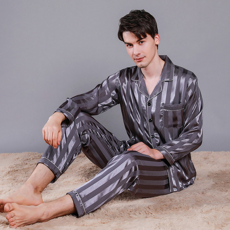 男士丝睡衣2026春薄款丝绸两件套开衫家居服大码条纹长袖长裤外贸