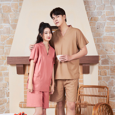 棉麻汗蒸服情侣款桑拿洗浴服浴衣男女情侣按摩足疗服套装家居服睡