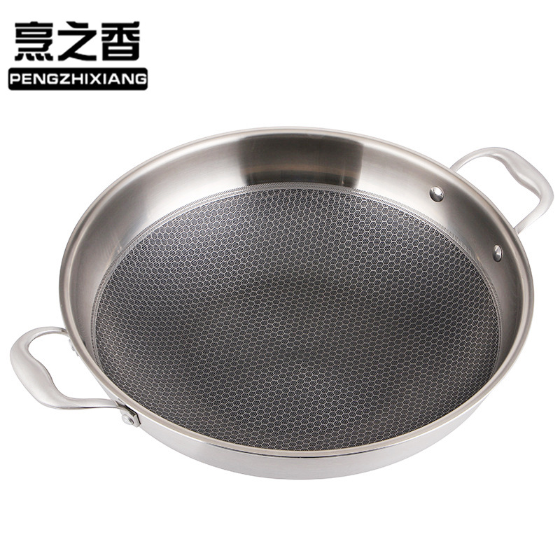 韩式无涂层不粘无烟锅 双耳304不锈钢带盖炒锅 电磁炉通用锅具