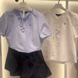 小熊短袖衬衫女2025夏季新款甜美泡泡袖上衣木耳边设计感小众衬衣