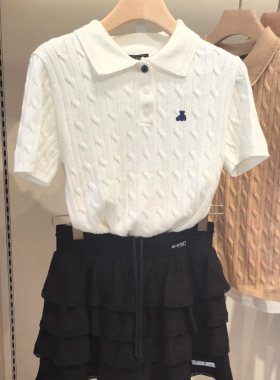 小熊老钱风毛衣2025夏新款显瘦polo领绞花针织短袖T恤女百搭上衣