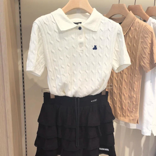 小熊老钱风毛衣2025夏新款 T恤女百搭上衣 显瘦polo领绞花针织短袖