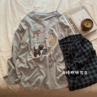 【爱偷懒小狗】秋季情侣睡衣软料格子家居服纯棉套装遛弯可外穿