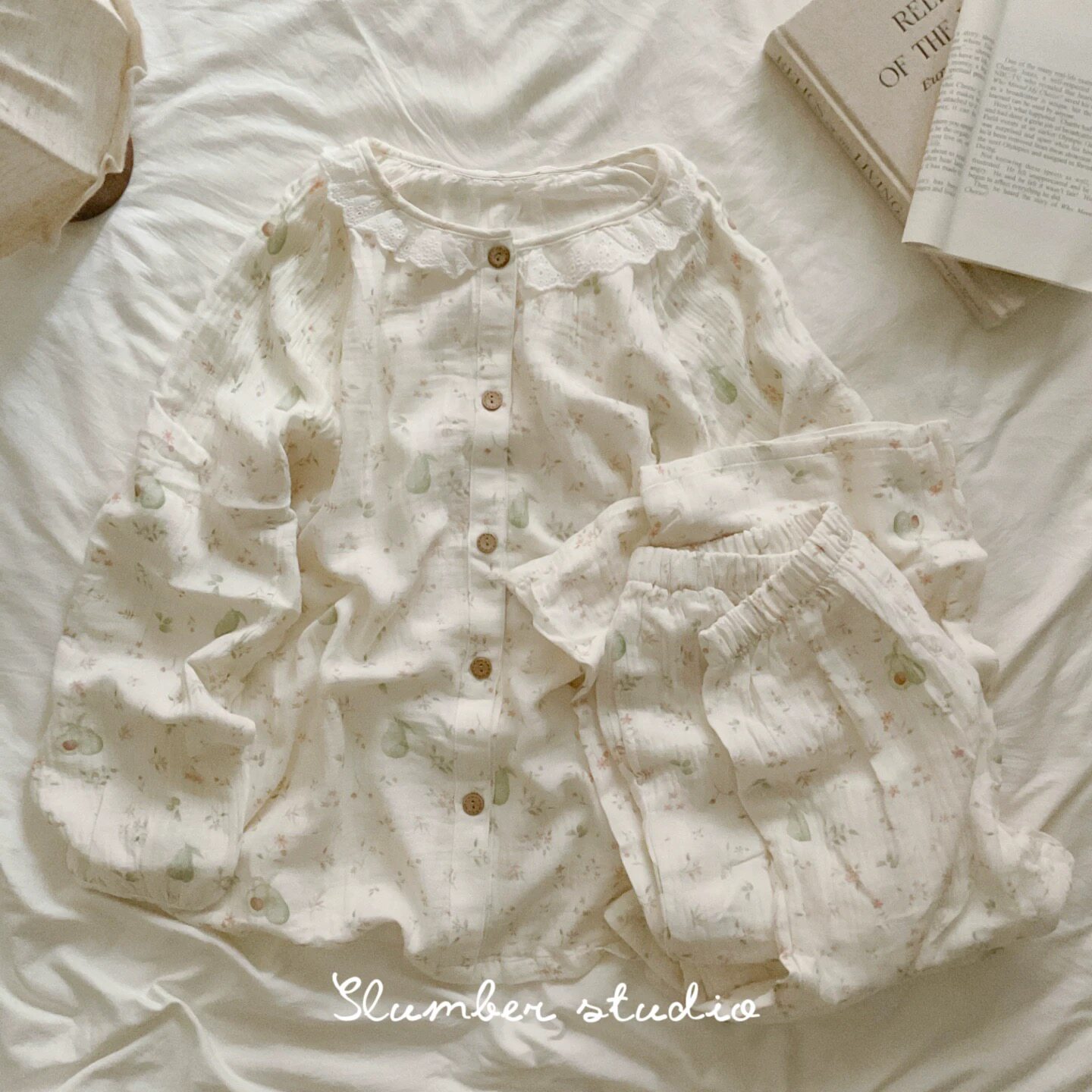 【甜梨香草茶】春夏季女睡衣家居服软料泡泡双层纱纯棉套装