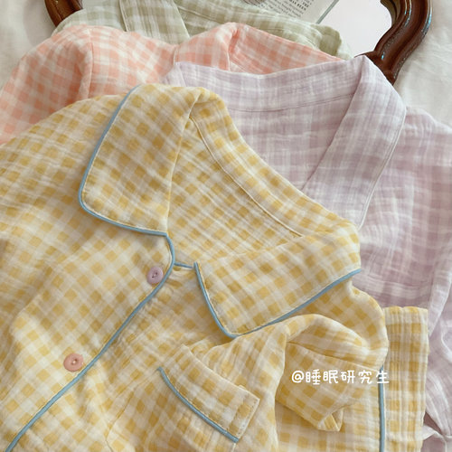 【南法小森林】A类全棉夏款女睡衣纯棉绉布短袖套装格子家居服