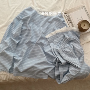【第一千夜】春夏季女睡衣软料日系条纹奶油蕾丝家居服纯棉套装